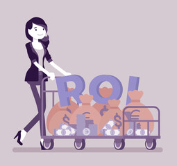 Return on Investment, ROI, businesswoman pushing trolley full of cash. Young woman with dollar sack cart, positive gain, financial training business performance. Vector creative stylized illustration