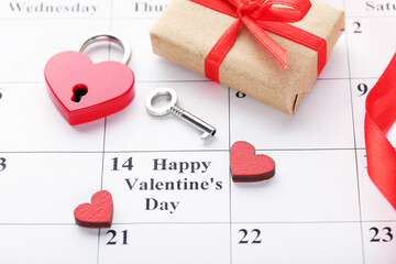 Canvas Print - February calendar with red hearts, gift box and text Happy Valentines Day