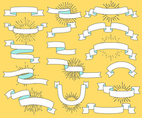 set of old vintage ribbon banners and drawing in engraving style. ivitation design element with sunb
