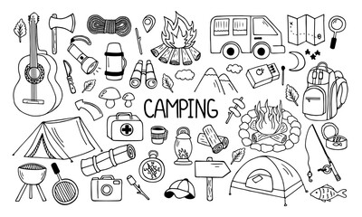 set of camping and hiking elements in doodle style. picnic, travel accessories and equipment. hand d