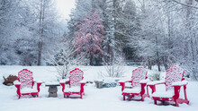 Fresh Snow Covered Red Wooden Adirondack Chairs Create A Lovely Country Winter Scene In Nelson, B.C., Canada.