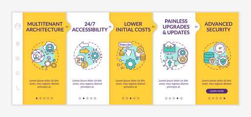 Software as service benefits onboarding vector template. 24 to 7 accessibility. Painless upgrades, updates. Responsive mobile website with icons. Webpage walkthrough step screens. RGB color concept