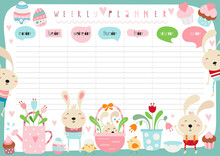 Easter Weekly Planner With Cute Easter Bunny, Sweets And Eggs In Doodle Cartoon Style. Kids Schedule Design Template. Vector Illustration.