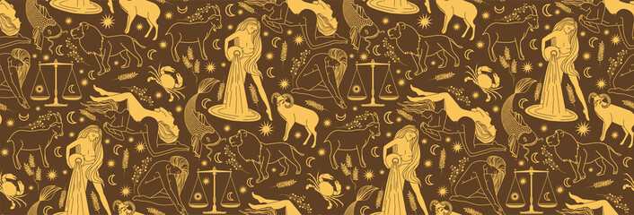 Wall Mural - Seamless pattern - signs of the zodiac. Gold illustration of astrological signs on a brown background. Magical illustrations of women and animals. Yellow pattern
