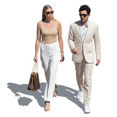 Man and woman in elegant white summer clothes walking seen from above, isolated on white background