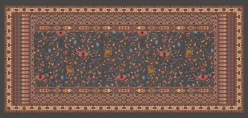 A whole frame illustration of a carpet design with elegant floral patterns on the fabric