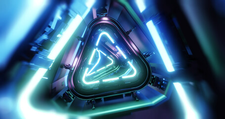 Wall Mural - futuristic tech abstract green and blue neon rollercoaster tunnel. cyber city glowing neon light abs