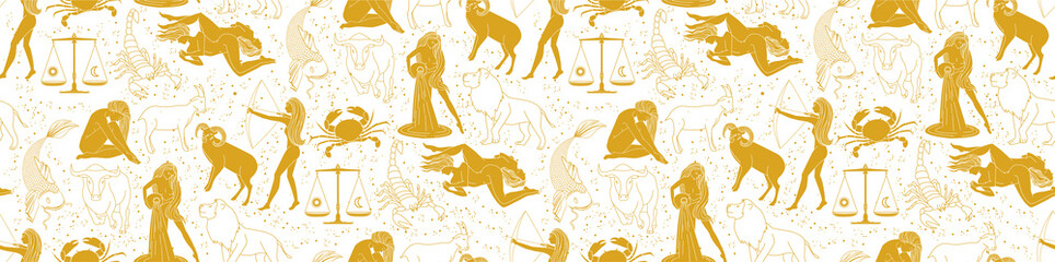 Wall Mural - seamless pattern - signs of the zodiac. gold illustration of astrological signs on a bright backgrou