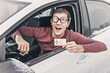 Funny nerd and geek in huge ridiculous glasses shows his driver's license. Concept of vision correction and fools on the road