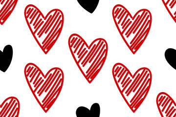 Vector abstract seamless hand drawn hearts pattern. White background with red and black doodled hearts. Trendy print design for textile, wrapping paper, wedding backdrops, Valentine's Day concepts etc