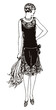 Stylish slim young woman from the 20s in full body frontal view, wearing flapper dress and holding feather fan