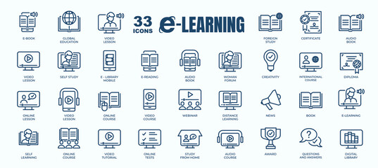 Wall Mural - simple set of e-learning, online course and education related vector line icons. contains thin icons
