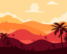 Vector Illustration Of Nature With Mountains And 
Palm Trees.