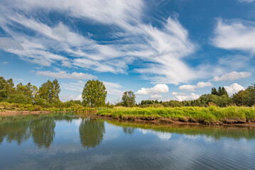 Wall Mural - panoramic landscape on a sunny day on the river with the sky in the clouds and the reflection in the