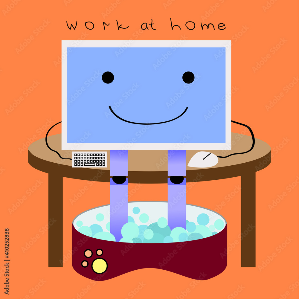 Cartoon computer character sits on a table and takes a foot bath ...