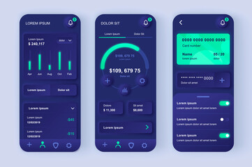 Poster - Finance services unique neomorphic design kit. Online banking screen with charts and financial analytics. Finance management UI UX templates set. Vector illustration of GUI for responsive mobile app.