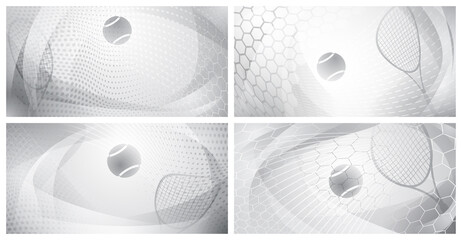 Set of four abstract tennis backgrounds with ball and racket in white and gray colors