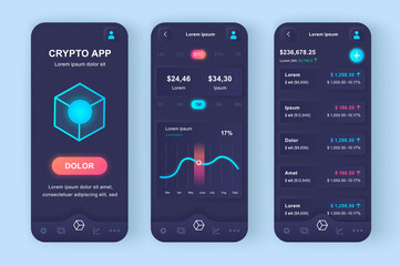 Poster - Cryptocurrency trading unique neomorphic design kit. Digital wallet, online cryptocurrency stock trading and exchange. UI UX templates set. Vector illustration of GUI for responsive mobile app.
