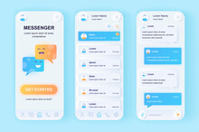 Online Messenger Unique Neomorphic Design Kit. Social Network Texting Service With User Profile Contacts And Chat Screens. UI UX Templates Set. Vector Illustration Of GUI For Responsive Mobile App.