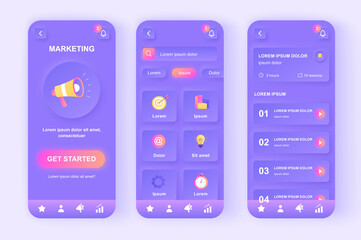 Digital marketing unique neomorphic design kit. Business analysis, content strategy, research and management. SMM solution UI UX templates set. Vector illustration of GUI for responsive mobile app.
