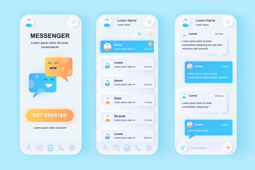 Poster - Online messenger unique neomorphic design kit. Social network texting service with user profile contacts and chat screens. UI UX templates set. Vector illustration of GUI for responsive mobile app.