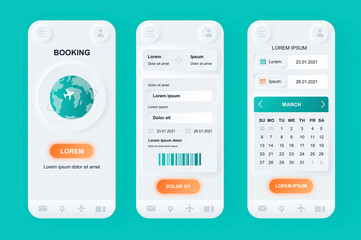 Aufkleber - Flight booking unique neomorphic design kit. Online air tickets search and reservation, departure and arrival destinations, calendar. UI UX templates set. Vector illustration of GUI for mobile app.