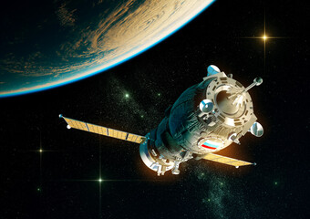 Wall Mural - russian cargo spacecraft orbiting planet earth