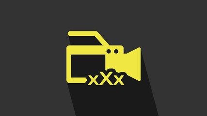 Yellow Video camera with inscription Sex icon isolated on grey background. Age restriction symbol. 18 plus content sign. Adult channel. 4K Video motion graphic animation