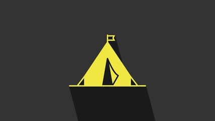 Poster - Yellow Tourist tent with flag icon isolated on grey background. Camping symbol. 4K Video motion graphic animation