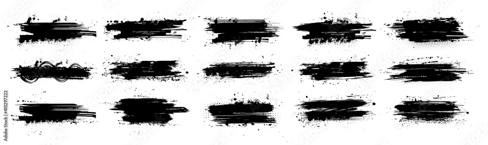Black ink splashes with mud effect. Drops blots isolated set with inked splatter. Dirt stain splatter with spray and splash effect. High quality manually traced. Background texture. Vector collection - obrazy, fototapety, plakaty 