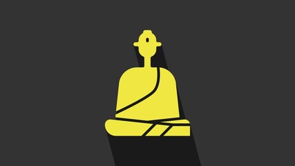 Sticker - Yellow Buddhist monk in robes sitting in meditation icon isolated on grey background. 4K Video motion graphic animation