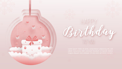 Happy birthday paper cut style greeting card with gift box and heart, decorated with clouds. Sweet pink background. There is a space for the text. Vector illustration with lace.