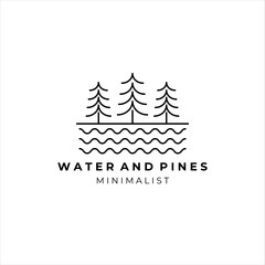 Wall Mural - water and pines line art minimalist vector logo illustration design
