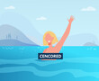 Happy woman enjoying bathing in sea. Topless, censored banner, nude person. Flat vector illustration. Naturists beach, lifestyle, vacation concept for banner, website design or landing web page