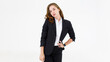 © Bangkok Click Studio - The image portrait. Happy beautiful caucasian woman in a businesswoman suit. A black suit is holding a shirt In the studio with a white background.
