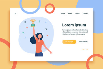Wall Mural - happy woman holding golden cup. gold, winner, prize flat vector illustration. competition and champi