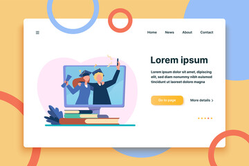 Wall Mural - happy graduated students with diploma on monitor. book, university, buyer flat vector illustration. 