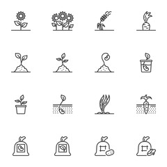 Wall Mural - Gardening and agriculture line icons set, outline vector symbol collection, linear style pictogram pack. Signs, logo illustration. Set includes icons as growing plant, sprout in soil, seed bag, wheat