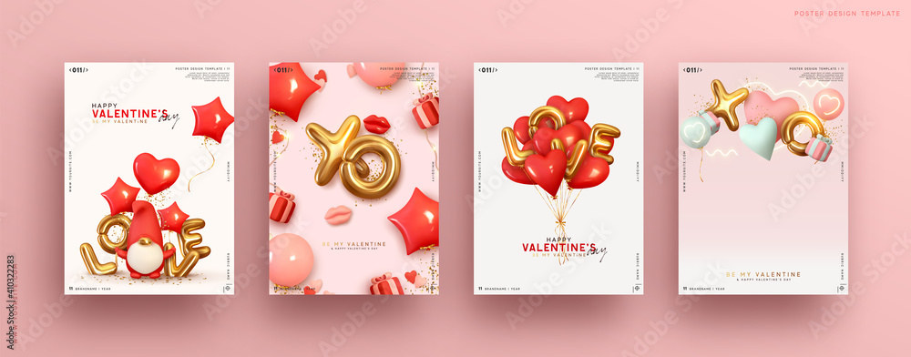 Valentines day. Romantic set vector backgrounds. Templates Festive gift card with realistic 3d design elements. Holiday banners, web poster, flyers and brochures, greeting cards, group bright covers - obrazy, fototapety, plakaty 
