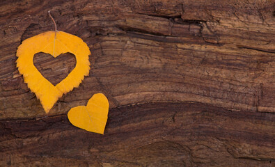 Poster - Colorful heart made of autumn leaves on a wooden background