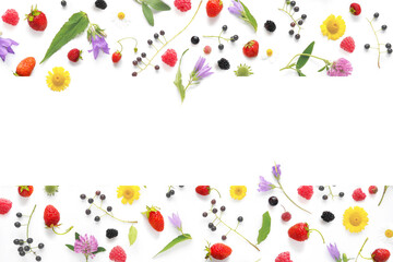 Wall Mural - Frame from flowers and berries with place for text, top view. The concept of summer, spring, Mother's Day, March 8. 