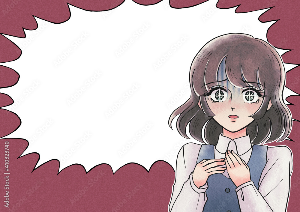 Fototapete レトロ少女漫画風 驚いて顔を青ざめるお姉さん フキダシ背景 水乃みのる Fototapete レトロ少女漫画風 驚いて顔を青ざめるお姉さん フキダシ背景 水乃みのる