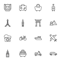 Poster - Tour and travel line icons set, outline vector symbol collection, linear style pictogram pack. Signs, logo illustration. Set includes icons as baggage, luggage, travel bag, vacation, camera, airplane