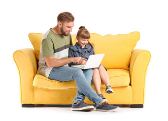 Father and daughter with laptop on sofa against white background