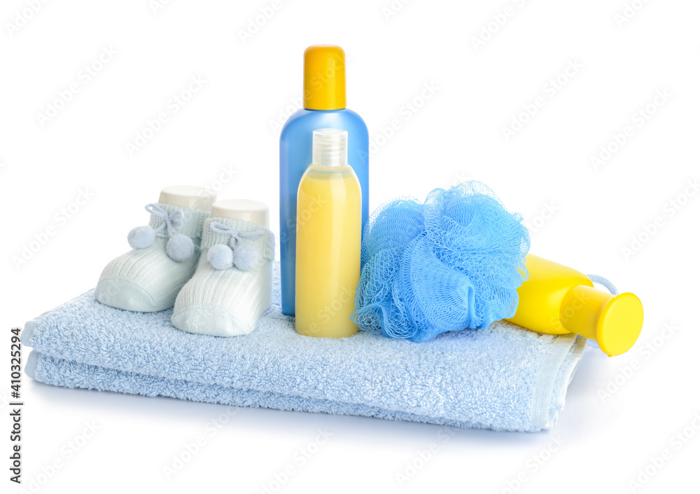 Different bath accessories for baby on white background