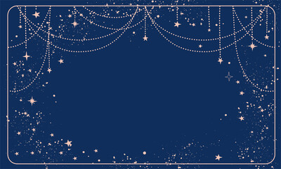 Wall Mural - Blue magic background with stars and space decor with copy space. Layout for astrology, tarot, prediction. Divine boho design, hand drawn vector illustration, vintage style.