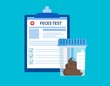 © Rogatnev - stool feces test Plastic jar and medical lab analysis form list with results data. Medical stool feces test records concept. Chemical laboratory analysis. Vector illustration in flat style
