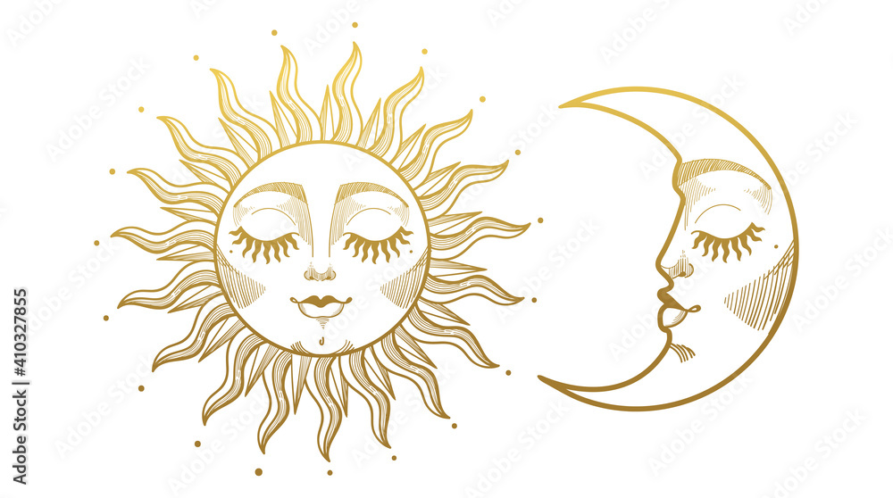 Set of beautiful golden mystical elements in boho style, sun and crescent moon with face. Design elements, tattoos, stickers. Linear vector illustration isolated on white background. - obrazy, fototapety, plakaty 