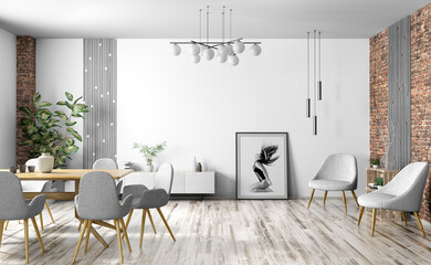 Interior design of modern scandinavian living room with table and chairs 3d rendering