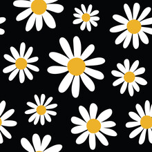 Spring Daisies Floral Retro Pattern. Large Scale Daisy / Chamomile Flowers On Black Background Trendy Bohemian Indie Style Girly Illustration Print. Seamless Pattern Vector.	
